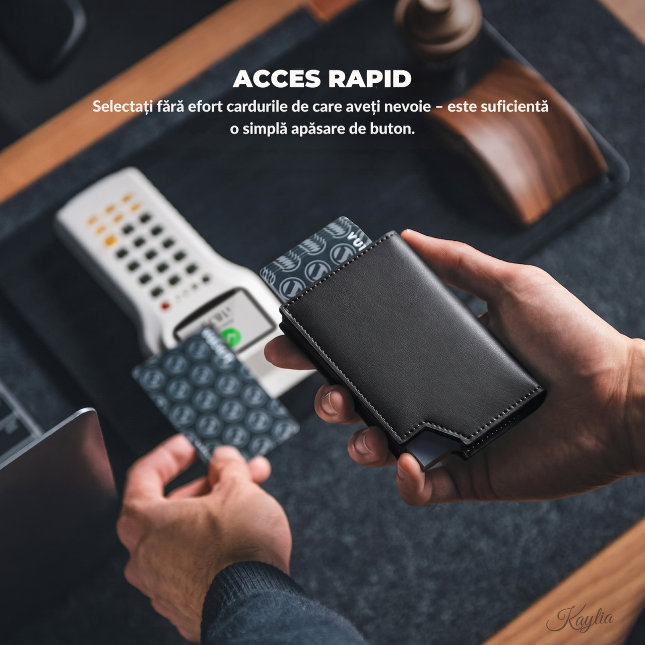 Portofel Smart Slim Kaylia din piele microfibră neagra cu protecție RFID și suport carduri pop-up [2]