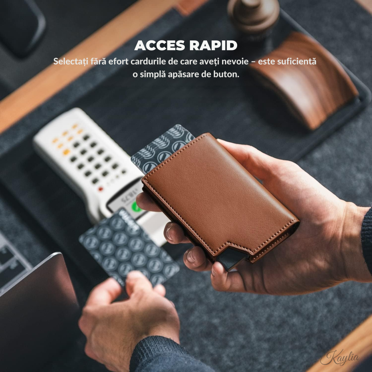 Portofel Smart Slim Kaylia din piele microfibră albastra cu protecție RFID și suport carduri pop-up [2]