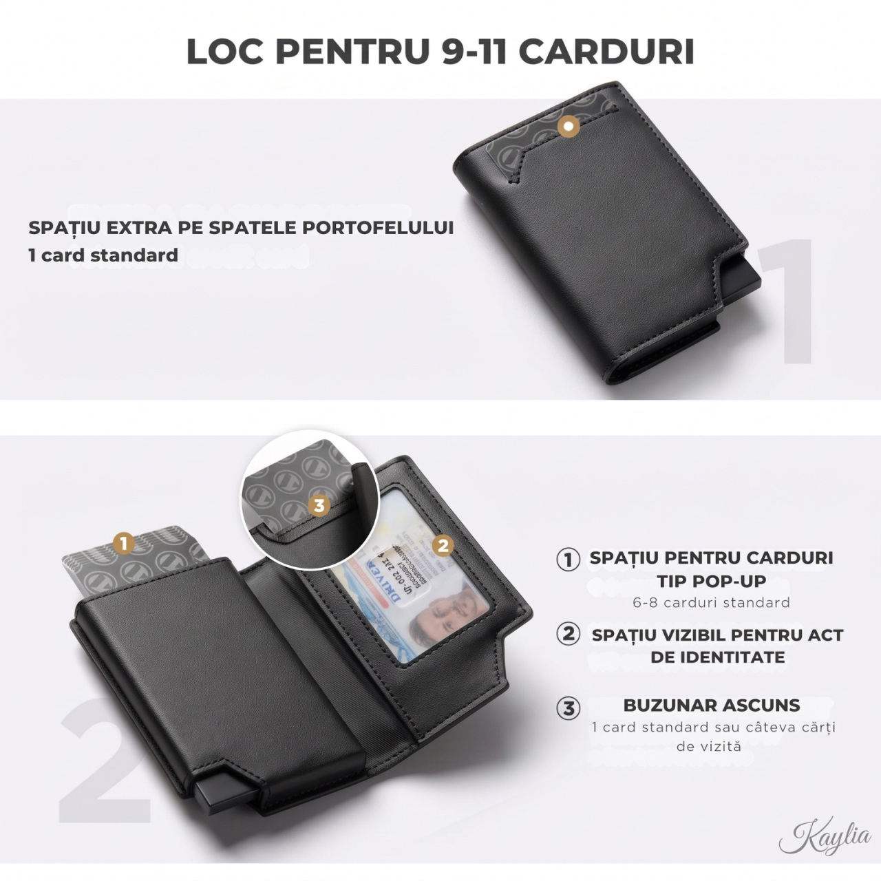 Portofel Smart Slim Kaylia din piele microfibră neagra cu protecție RFID și suport carduri pop-up [4]