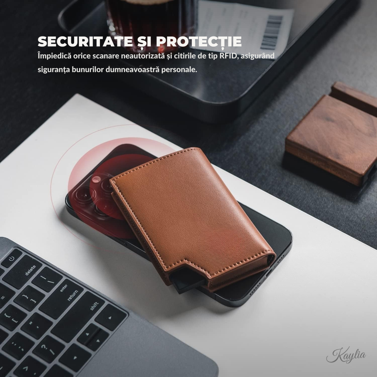Portofel Smart Slim Kaylia din piele microfibră albastra cu protecție RFID și suport carduri pop-up [5]