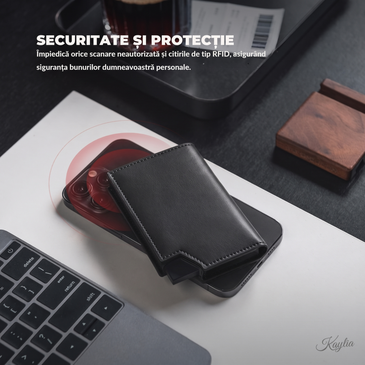 Portofel Smart Slim Kaylia din piele microfibră neagra cu protecție RFID și suport carduri pop-up [5]