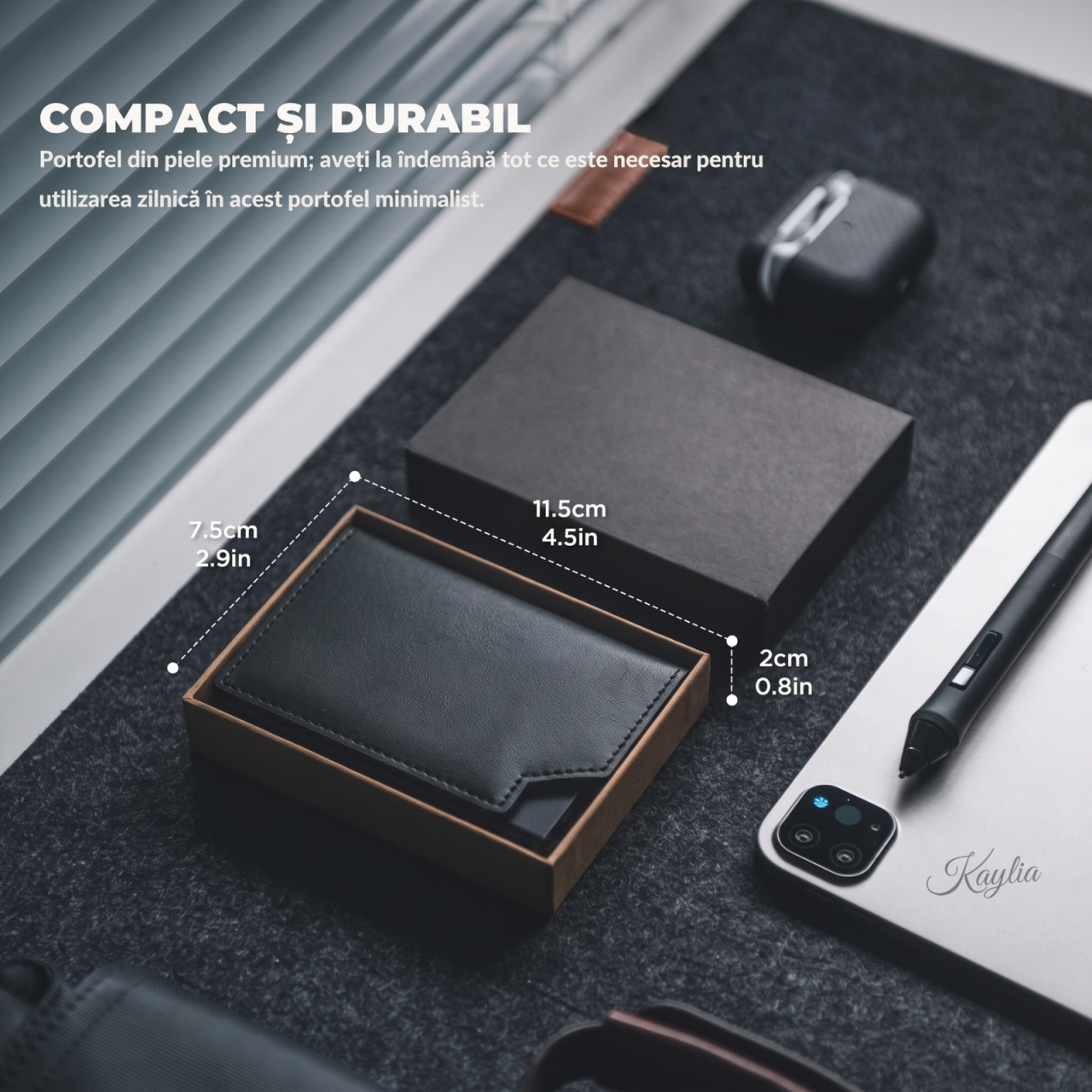 Portofel Smart Slim Kaylia din piele microfibră neagra cu protecție RFID și suport carduri pop-up [6]