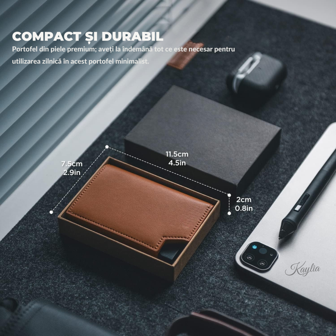Portofel Smart Slim Kaylia din piele microfibră albastra cu protecție RFID și suport carduri pop-up [6]