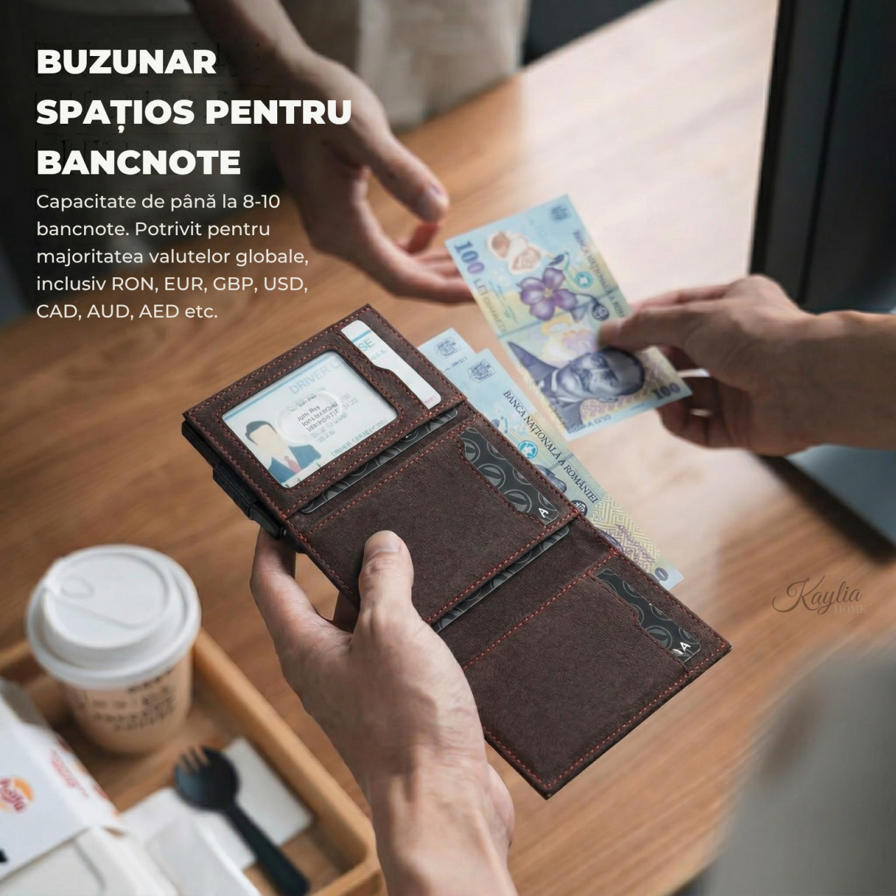 Portofel Kaylia Barbati Piele Intoarsa / Alcantara Wenghe Protectie RFID Pop-up [4]