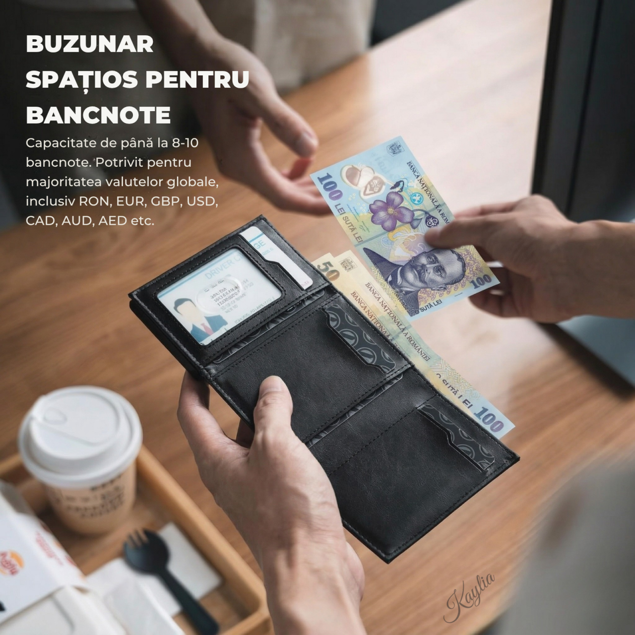 ortofel Smart Kaylia din piele microfibră neagră cu protecție RFID și suport carduri pop-up [4]