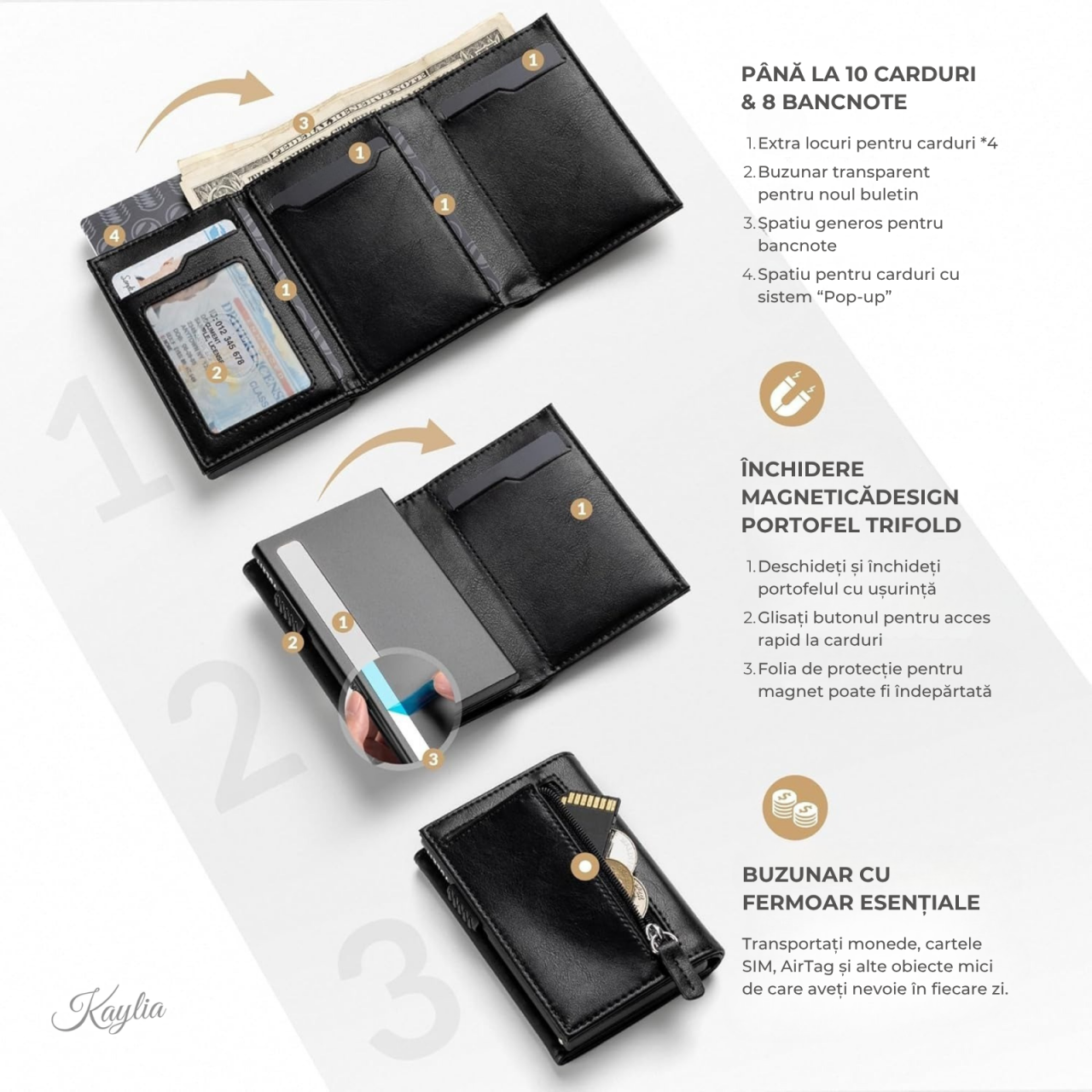 ortofel Smart Kaylia din piele microfibră neagră cu protecție RFID și suport carduri pop-up [2]