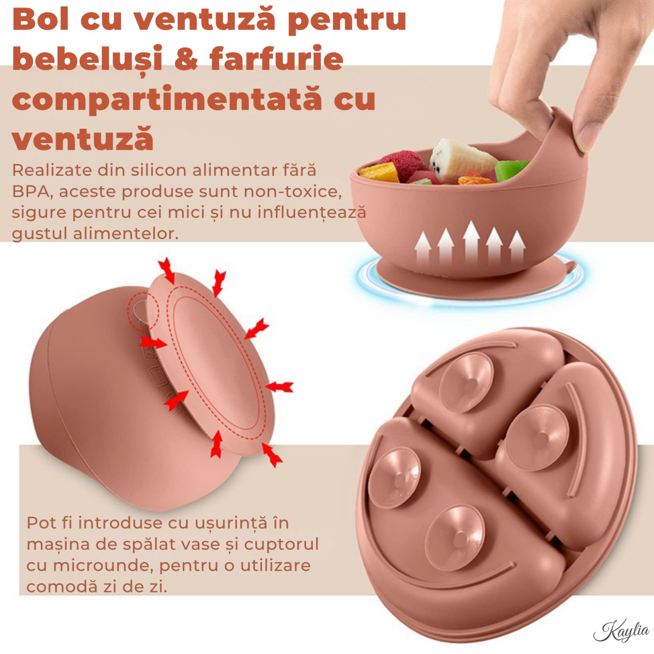 set-hranire-bebelusi-din-silicon-6-piese-kaylia-farfurie-compartimentata-si-bol-cu-ventuze-lingurita-si-furculita-cana-baveta-ideal-pentru-diversificare-roz-albastru [3]