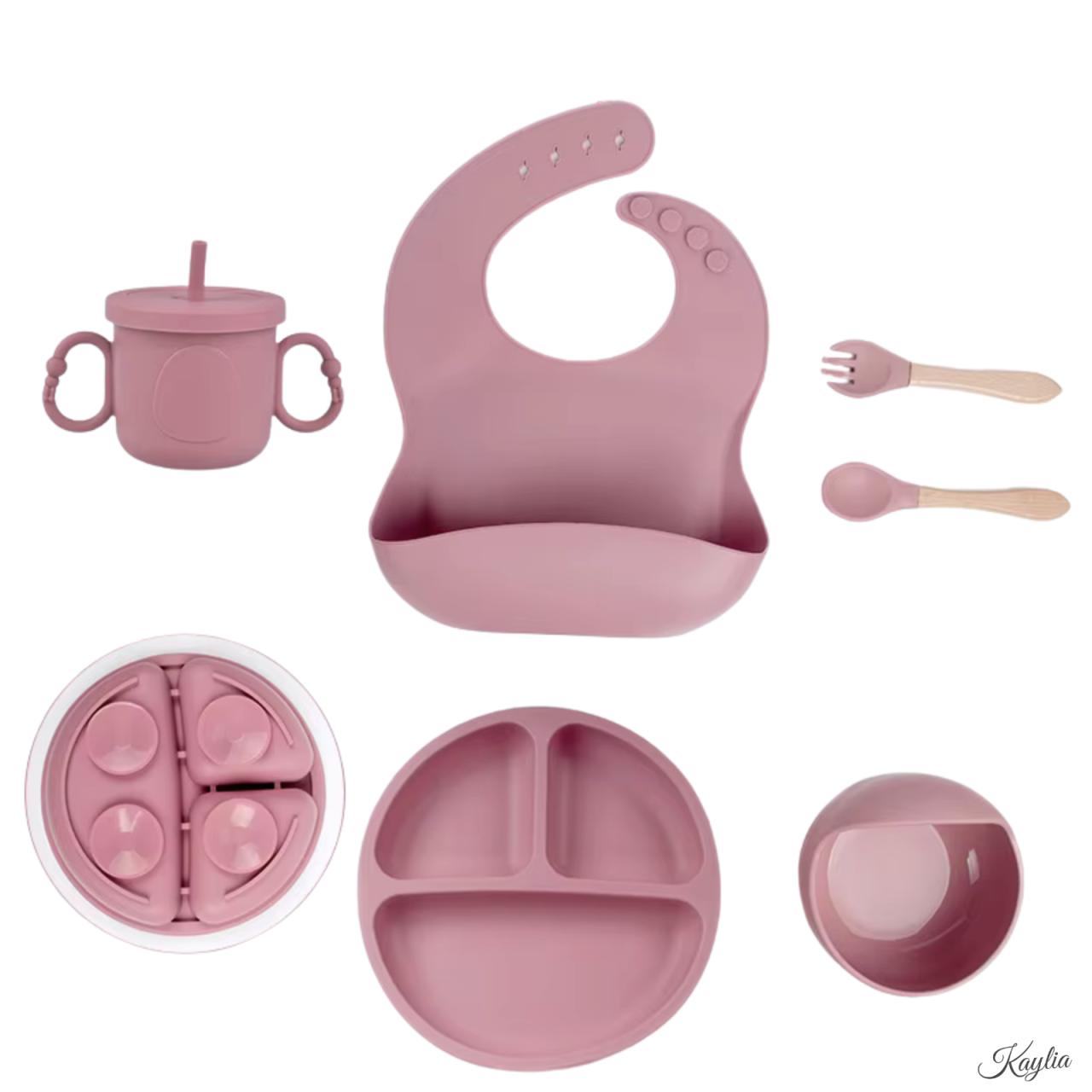 set-hranire-bebelusi-din-silicon-6-piese-kaylia-farfurie-compartimentata-si-bol-cu-ventuze-lingurita-si-furculita-cana-baveta-ideal-pentru-diversificare-roz-albastru [2]
