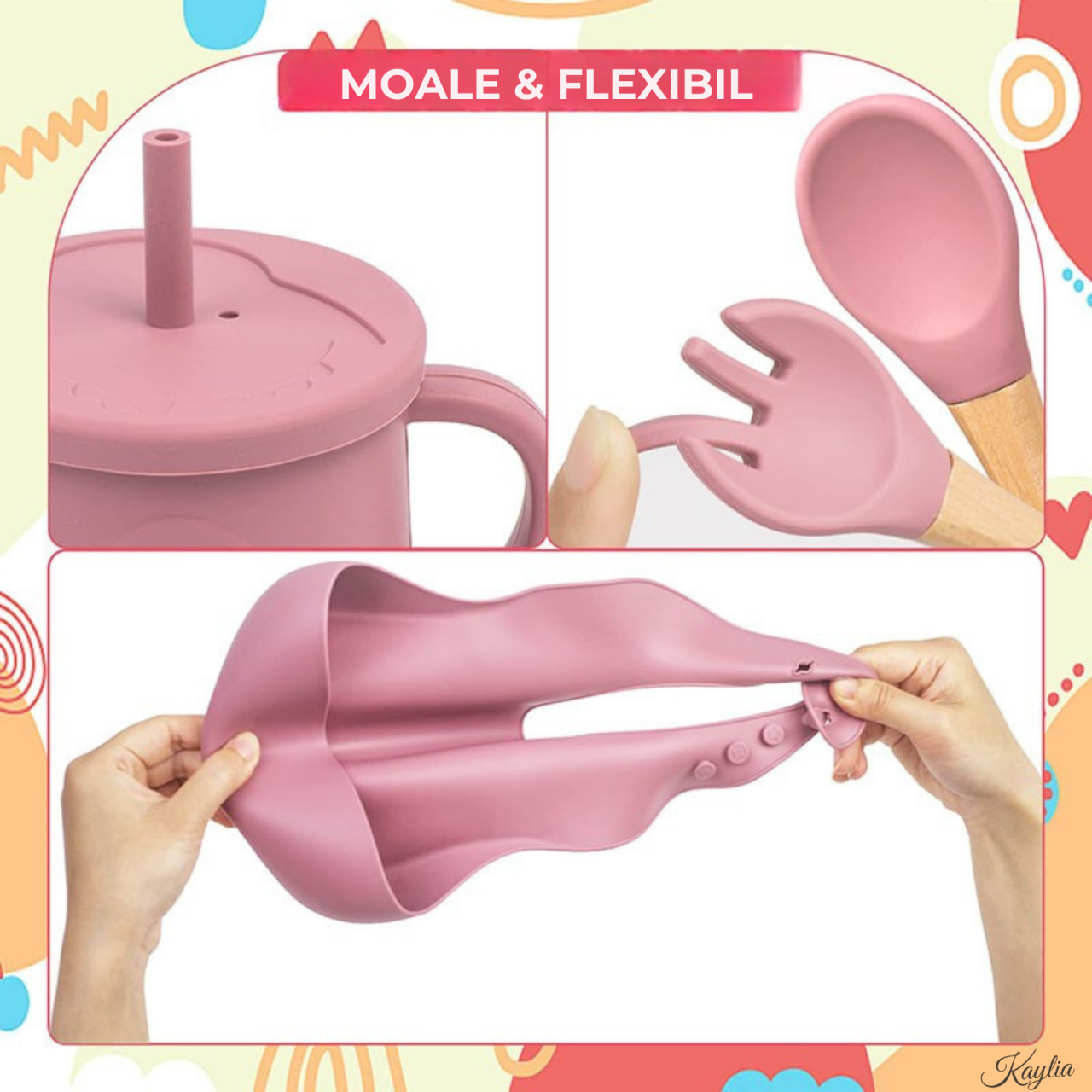 set-hranire-bebelusi-din-silicon-6-piese-kaylia-farfurie-compartimentata-si-bol-cu-ventuze-lingurita-si-furculita-cana-baveta-ideal-pentru-diversificare-roz-albastru [4]