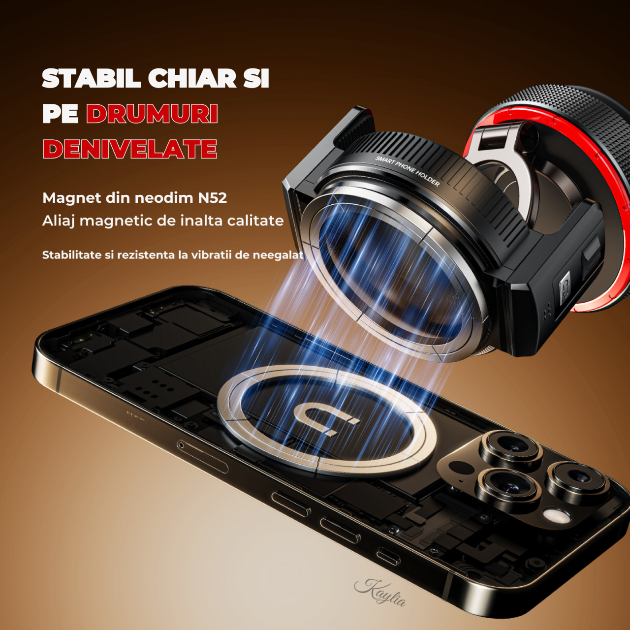 Suport auto universal pentru telefon Kaylia cu prindere hibridă magnetică MagSafe și clipsuri laterale, bază ventuză de vid cu nano-gel pentru bord texturat [3]