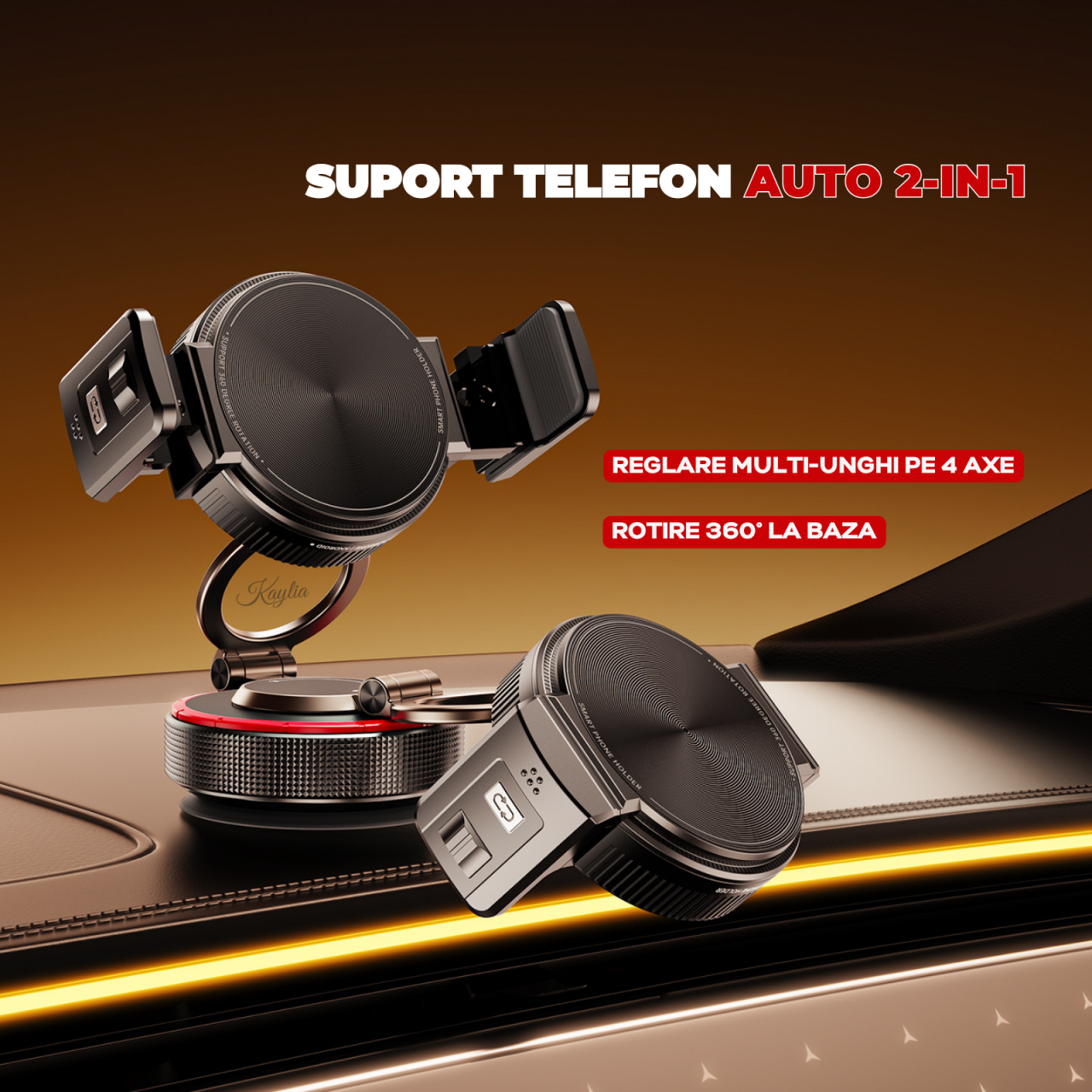 Suport auto universal pentru telefon Kaylia cu prindere hibridă magnetică MagSafe și clipsuri laterale, bază ventuză de vid cu nano-gel pentru bord texturat [4]