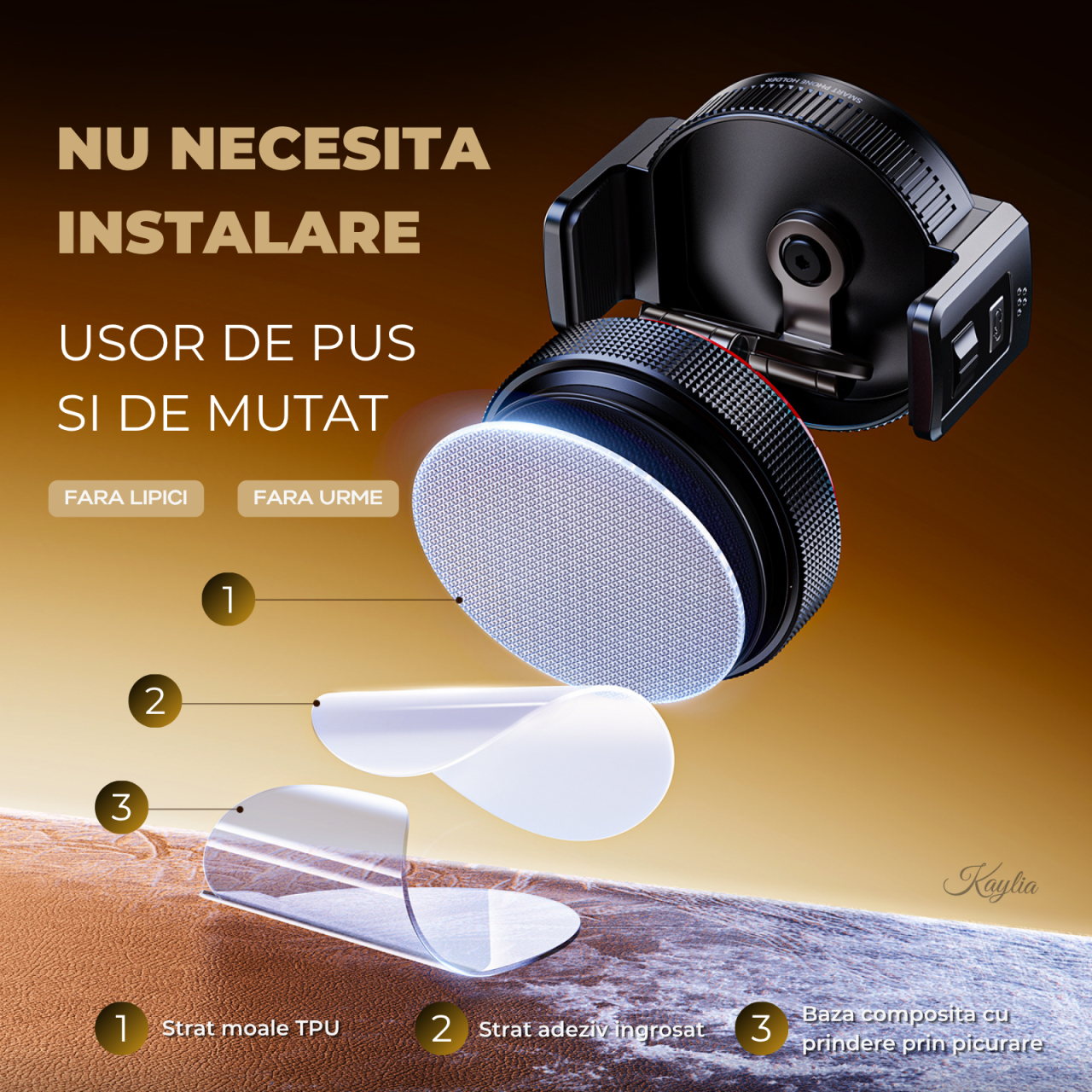 Suport auto universal pentru telefon Kaylia cu prindere hibridă magnetică MagSafe și clipsuri laterale, bază ventuză de vid cu nano-gel pentru bord texturat [6]