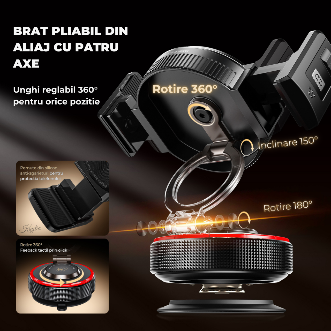 Suport auto universal pentru telefon Kaylia cu prindere hibridă magnetică MagSafe și clipsuri laterale, bază ventuză de vid cu nano-gel pentru bord texturat [5]