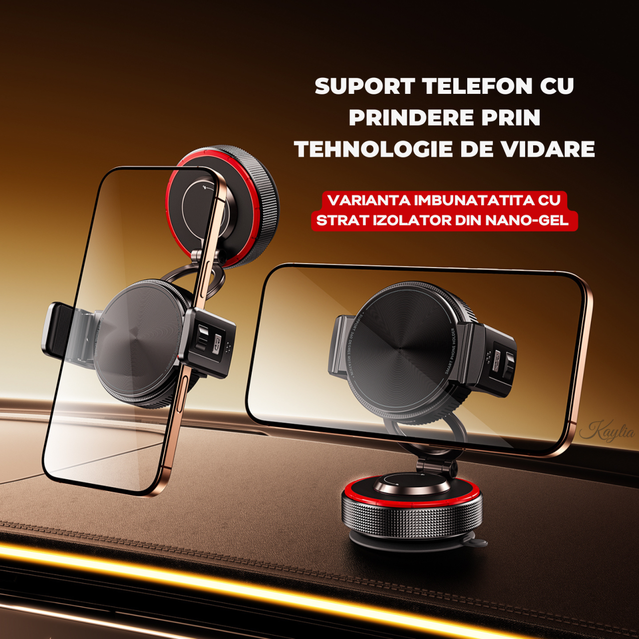 Suport auto universal pentru telefon Kaylia cu prindere hibridă magnetică MagSafe și clipsuri laterale, bază ventuză de vid cu nano-gel pentru bord texturat [2]