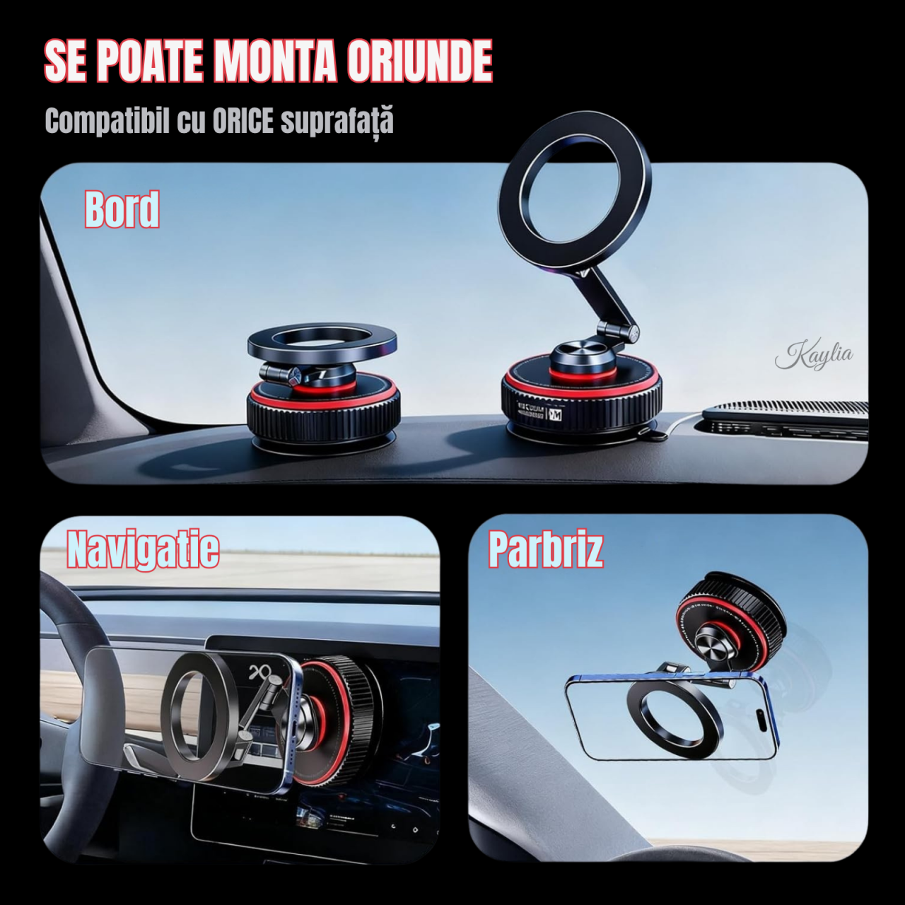 Suport auto pentru telefon Kaylia cu prindere magnetică MagSafe și ventuză de vid pe bord [2]