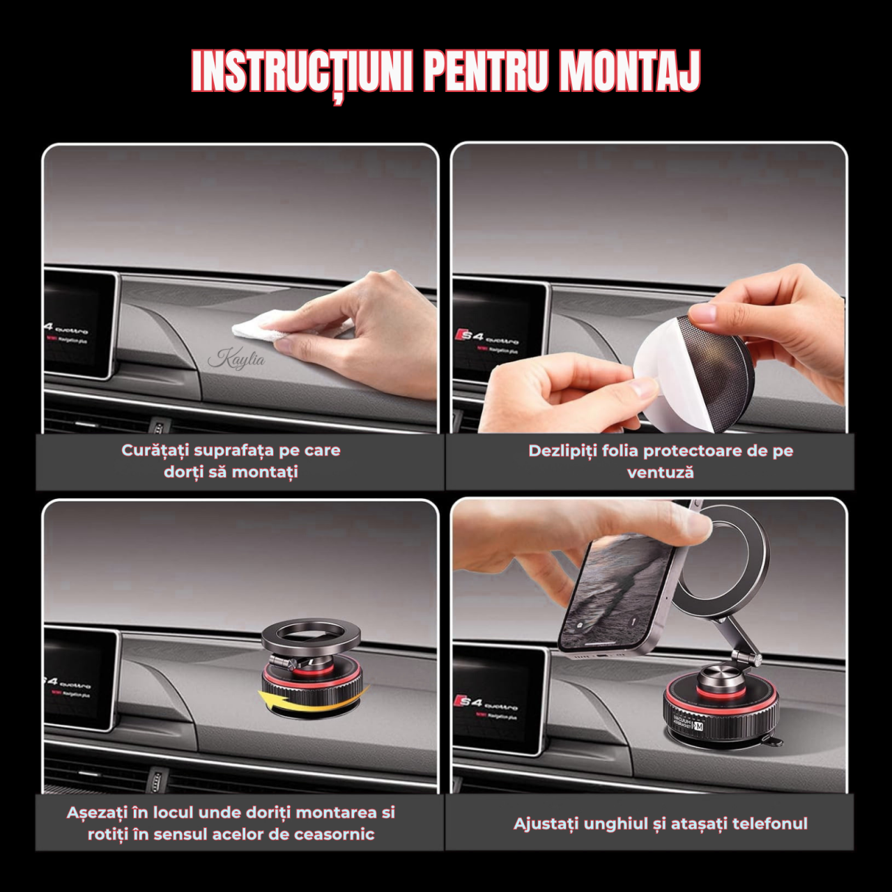 Suport auto pentru telefon Kaylia cu prindere magnetică MagSafe și ventuză de vid pe bord [6]