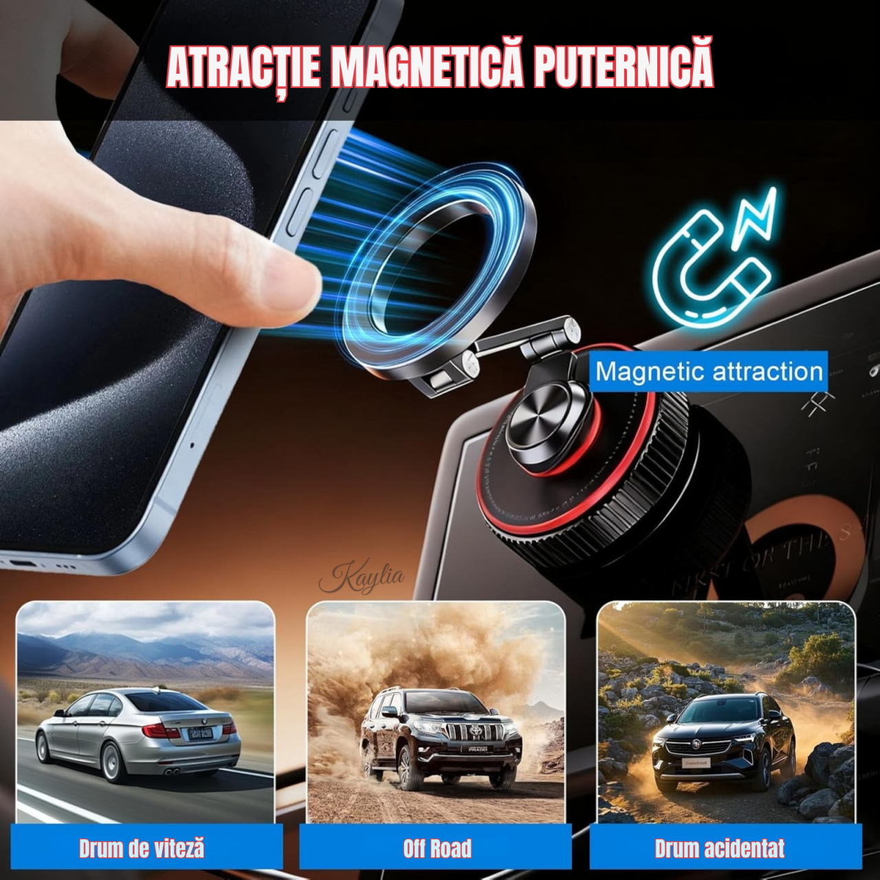 Suport auto pentru telefon Kaylia cu prindere magnetică MagSafe și ventuză de vid pe bord [3]