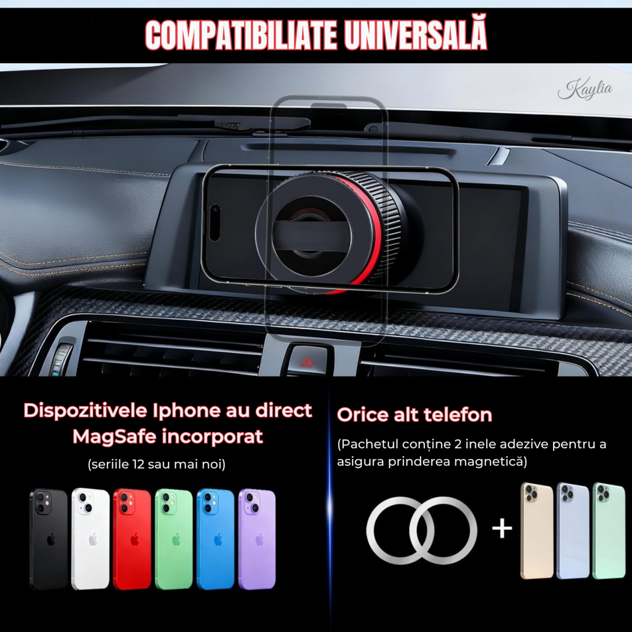 Suport auto pentru telefon Kaylia cu prindere magnetică MagSafe și ventuză de vid pe bord [7]