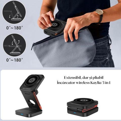 Incarcator Wireless Portabil 3 in 1 – Statie Pliabila pentru Telefon-Tableta-Casti, 15W, Fixare Magnetica, Kaylia [4]