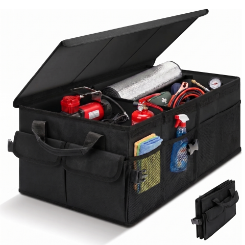 Accesorii masina - Organizator portbagaj auto Kaylia premium full black cu 3 compartimente, capac detașabil și structură pliabilă la jumătate