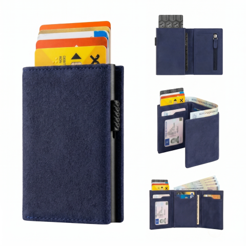 Portofele - Portofel Kaylia Barbati Piele Intoarsa / Alcantara Albastru Protectie RFID Pop-up