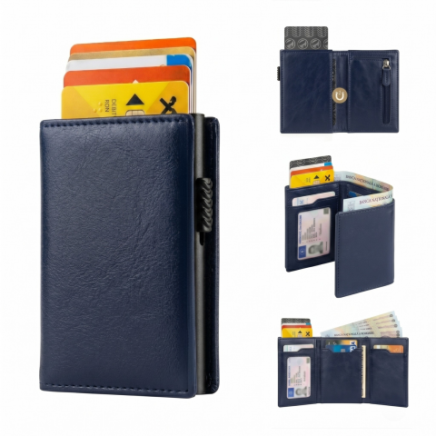 Produse - Portofel Smart Kaylia din piele microfibră albastru cu protecție RFID și suport carduri pop-up