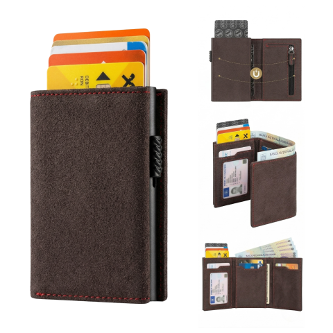 Produse - Portofel Kaylia Barbati Piele Intoarsa / Alcantara Wenghe Protectie RFID Pop-up