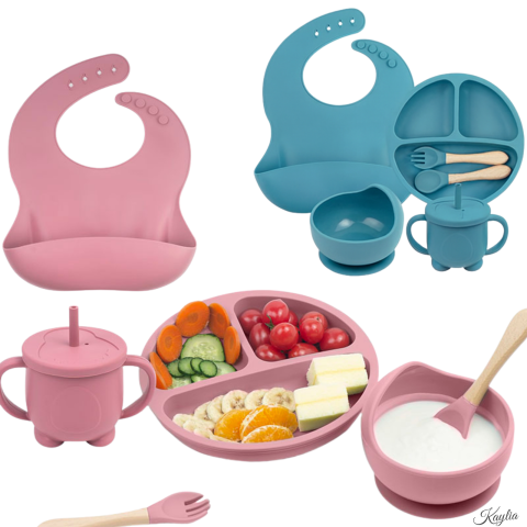 Produse pentru casa - set-hranire-bebelusi-din-silicon-6-piese-kaylia-farfurie-compartimentata-si-bol-cu-ventuze-lingurita-si-furculita-cana-baveta-ideal-pentru-diversificare-roz-albastru