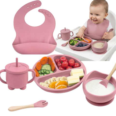 Produse pentru casa - set-hranire-bebelusi-din-silicon-6-piese-kaylia-farfurie-compartimentata-si-bol-cu-ventuze-lingurita-si-furculita-cana-baveta-ideal-pentru-diversificare-roz-albastru