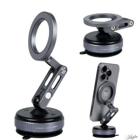 Accesorii telefon - suport-telefon-kaylia-cu-ventuza-de-vid-brat-metalic-ajustabil-in-2-puncte-360-180-fixare-magnetica-brat-pliabil-aluminiu-design-premium