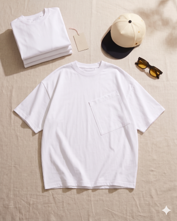 Tricouri - Tricou alb oversize KENJ cu buzunar