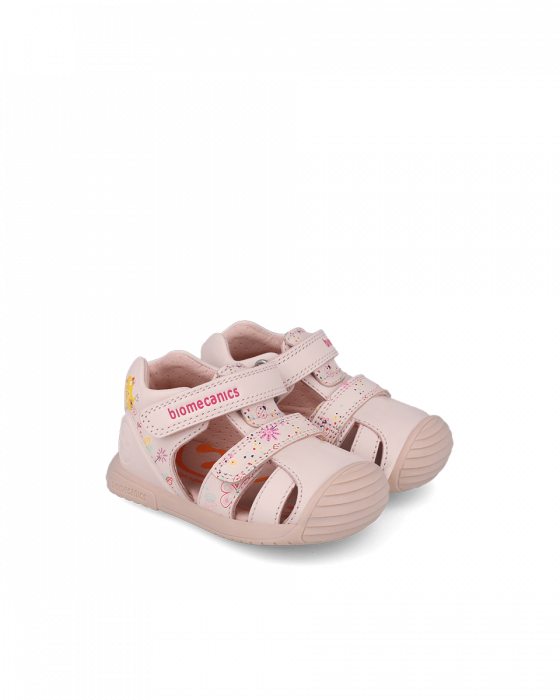 Sandale fete, din piele naturala, roz cu imprimeuri florale, Biomecanics 252107-A779 [2]