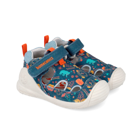 Sandale baieti - Sandale baieti, din material textil, jeans cu imprimeu dino, Biomecanics 262184-A556