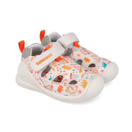 Sandale fete - Sandale fete, din material textil, crem cu imprimeu, Biomecanics 262184-B103