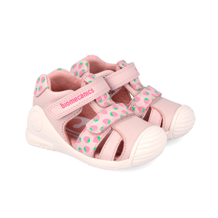 Sandale fete, din piele naturala, roz cu imprimeu capsune, Biomecanics 262107-A779
