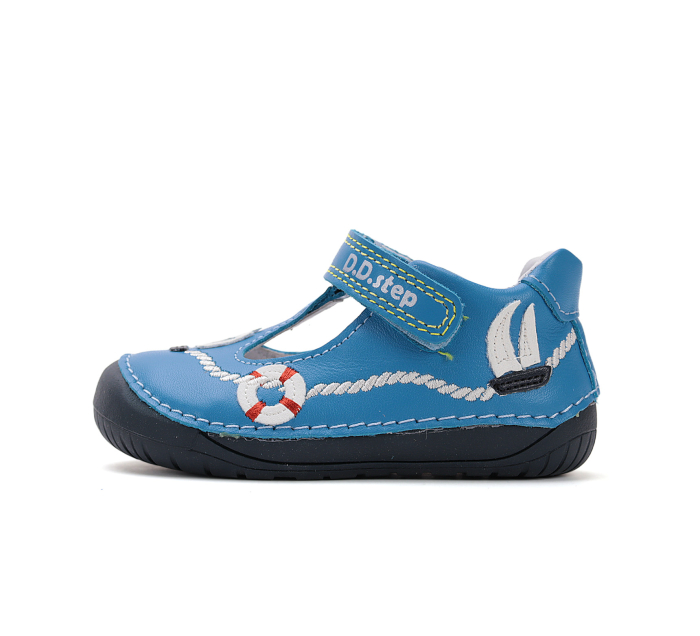 Pantofi decupați - sandale băieți barefoot primii pași, piele naturală, albastru DDStep [2]