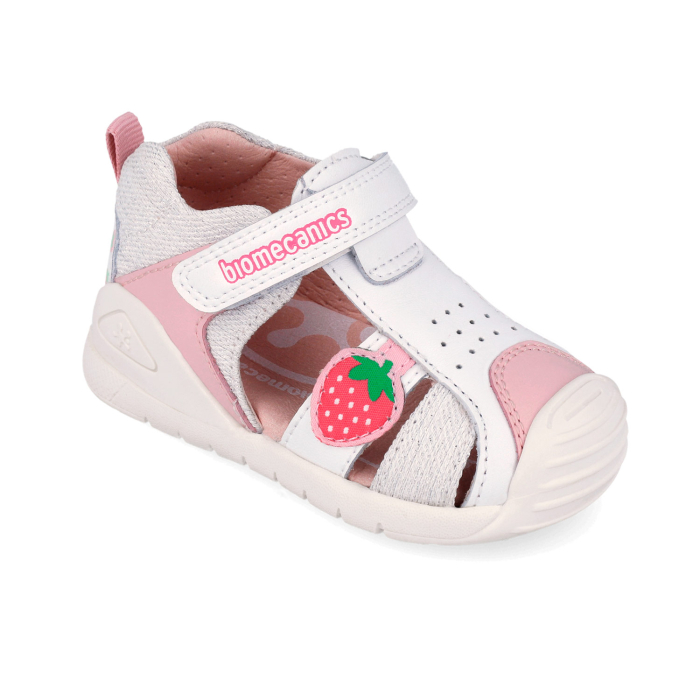 Sandale fete din piele naturală/canvas, model căpsuni, alb - Biomecanics [3]