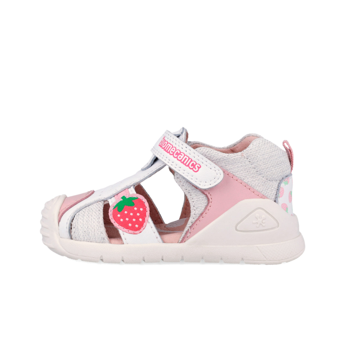 Sandale fete din piele naturală/canvas, model căpsuni, alb - Biomecanics [5]