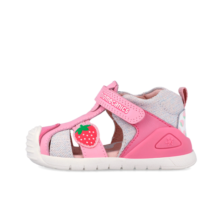 Sandale fete din piele naturală/canvas, model căpsuni, roz - Biomecanics [5]