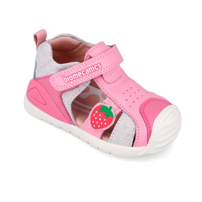 Sandale fete din piele naturală/canvas, model căpsuni, roz - Biomecanics [3]