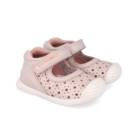 Pantofi fete - Balerini fete din piele naturală, model perforat cu steluțe, roz pal - Biomecanics