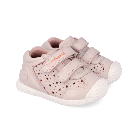 Pantofi fete - Pantofi fete din piele naturală, model perforat cu steluțe, roz pal - Biomecanics