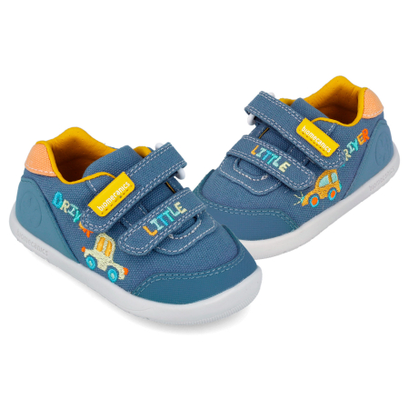 Pantofi baieti - Pantofi sport băieți barefoot canvas albastru jeans cu mașinuțe - Biomecanics