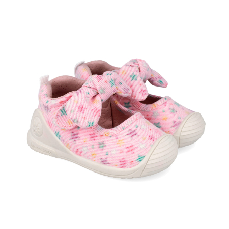 Sandale - Pantofi tip balerini, fete, din canvas, lavabil, roz cu steluțe, Biomecanics