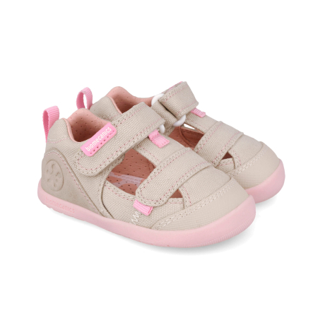 Încălțăminte fete - Sandale fete canvas, barefoot, calapod lat, bej/roz - Biomecanics