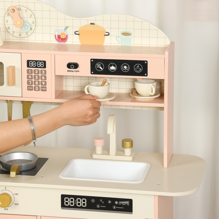 Bucătărie de jucărie din lemn Montessori, XL, complet echipată, cuptor, microunde și accesorii, Roz Pastel, 3 ani+ [4]