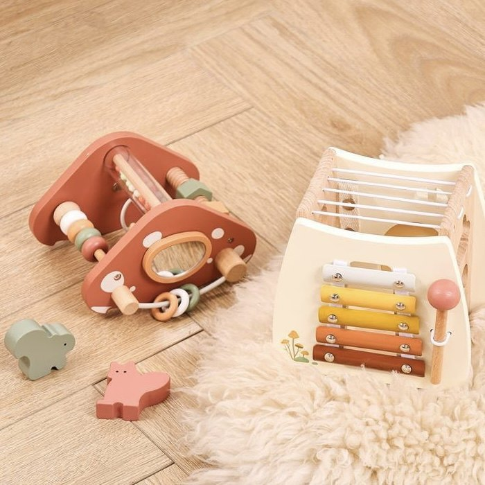 Centru de activități Montessori 6 în 1 din lemn, Căsuță Ciupercă multifuncțională, Xilofon, Sortator forme, Jucărie educativă, 1 an [6]