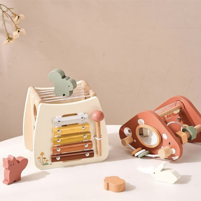 Centru de activități Montessori 6 în 1 din lemn, Căsuță Ciupercă multifuncțională, Xilofon, Sortator forme, Jucărie educativă, 1 an [5]