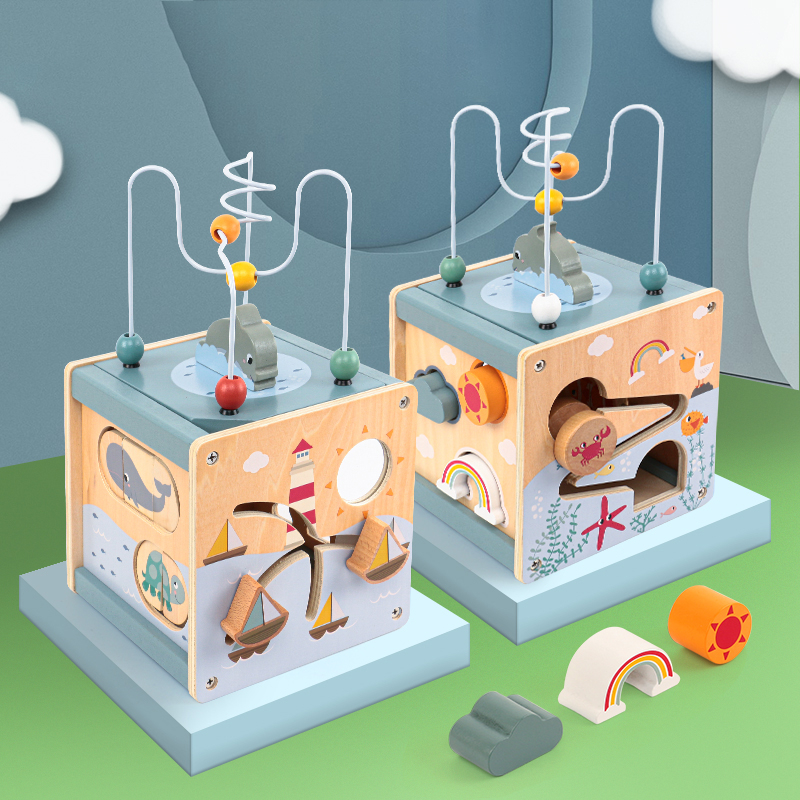 Cub de activitati din lemn 5 in 1, cu labirint animale marine si jocuri educative Montessori [4]