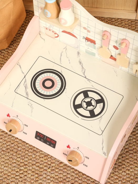 Mini-bucatarie de jucarie din lemn Montessori, de banc, plita interactiva cu butoane, oala, tigaie si accesorii incluse, Roz Pastel, 3 ani+ [5]